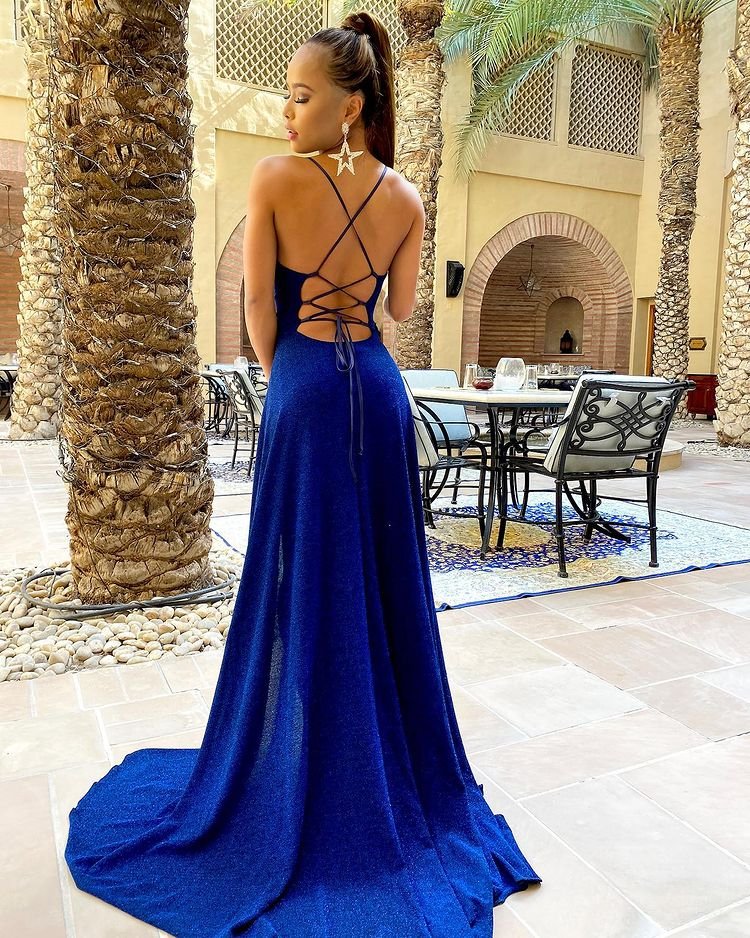 Classic Royal Blue Spaghetti-Straps Mermaid Evening Dress Split,DS3225