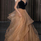 CHAMPAGNE V NECK TULLE LONG PROM DRESS, CHAMPAGNE FORMAL GRADUATION DRESS,F04836