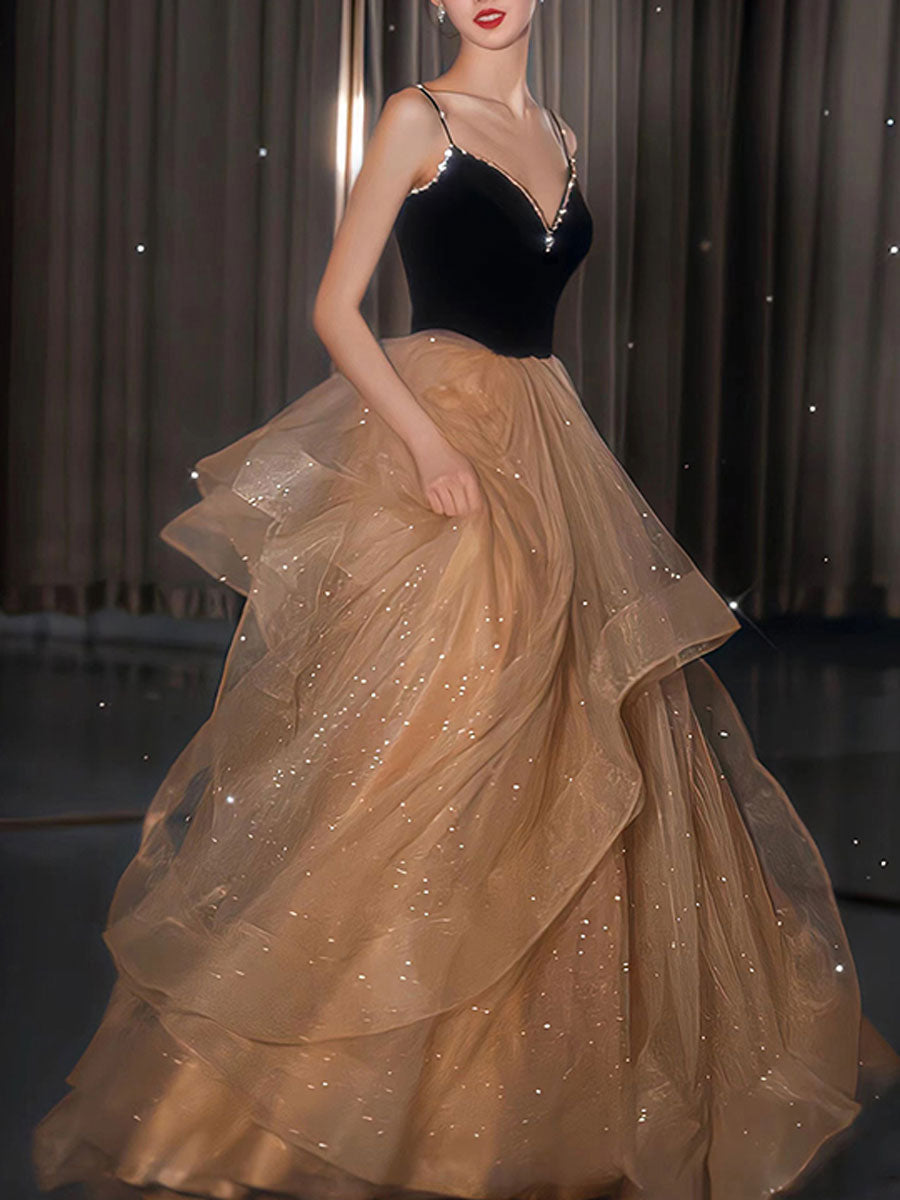 CHAMPAGNE V NECK TULLE LONG PROM DRESS, CHAMPAGNE FORMAL GRADUATION DRESS,F04836