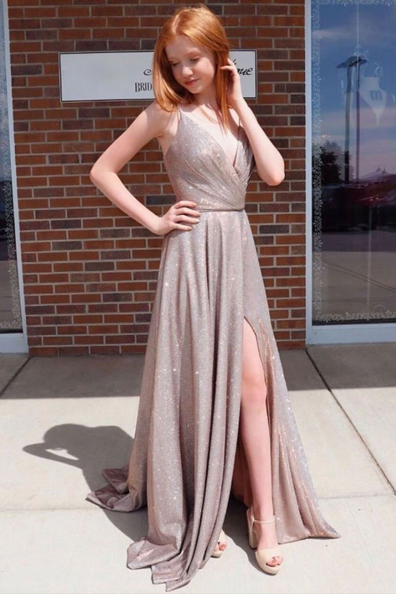 Simple v neck sequin satin long prom dress sequin evening dress,DS2100