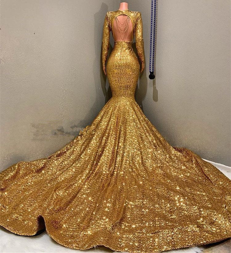 Gorgeous Gold Sequins Long Sleeves Prom Dress Mermaid Deep V-Neck,DS4647