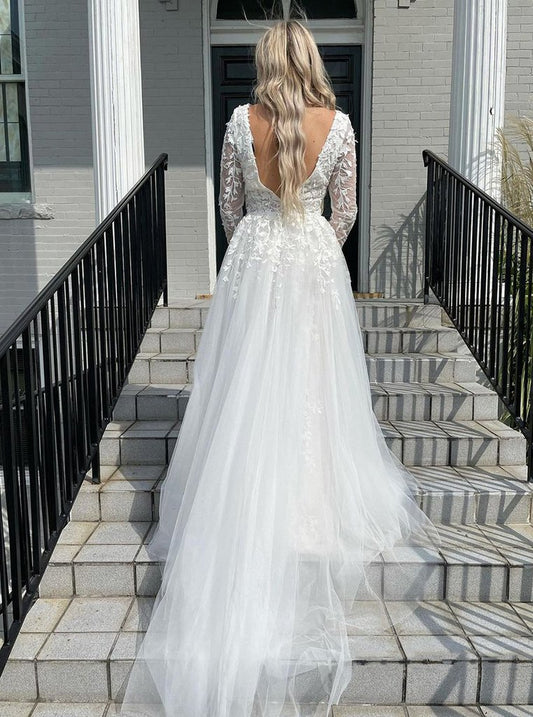 Elegant Mermaid Deep V-neck Appliques Ivory Wedding Dress ,DS2694