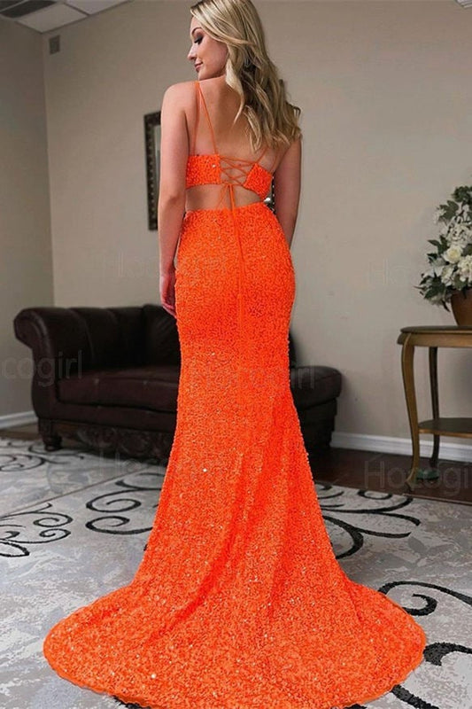 Two Piece Orange Sequins Long Prom Dress,DS4225