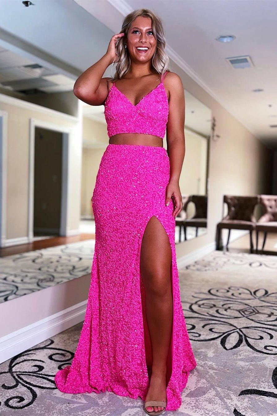 Two Piece Orange Sequins Long Prom Dress,DS4225