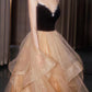 CHAMPAGNE V NECK TULLE LONG PROM DRESS, CHAMPAGNE FORMAL GRADUATION DRESS,F04836