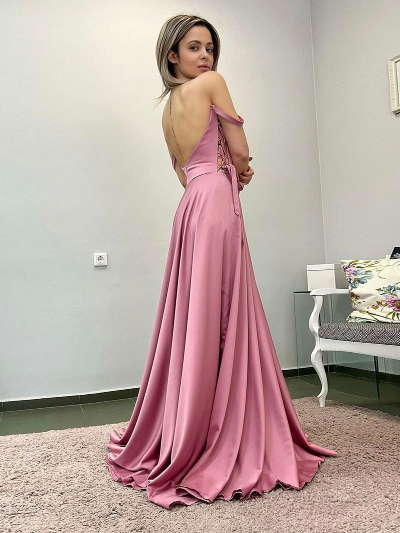 SIMPLE A LINE SATIN LONG PINK PROM DRESS, PINK EVENING DRESS,F04766