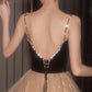 CHAMPAGNE V NECK TULLE LONG PROM DRESS, CHAMPAGNE FORMAL GRADUATION DRESS,F04836