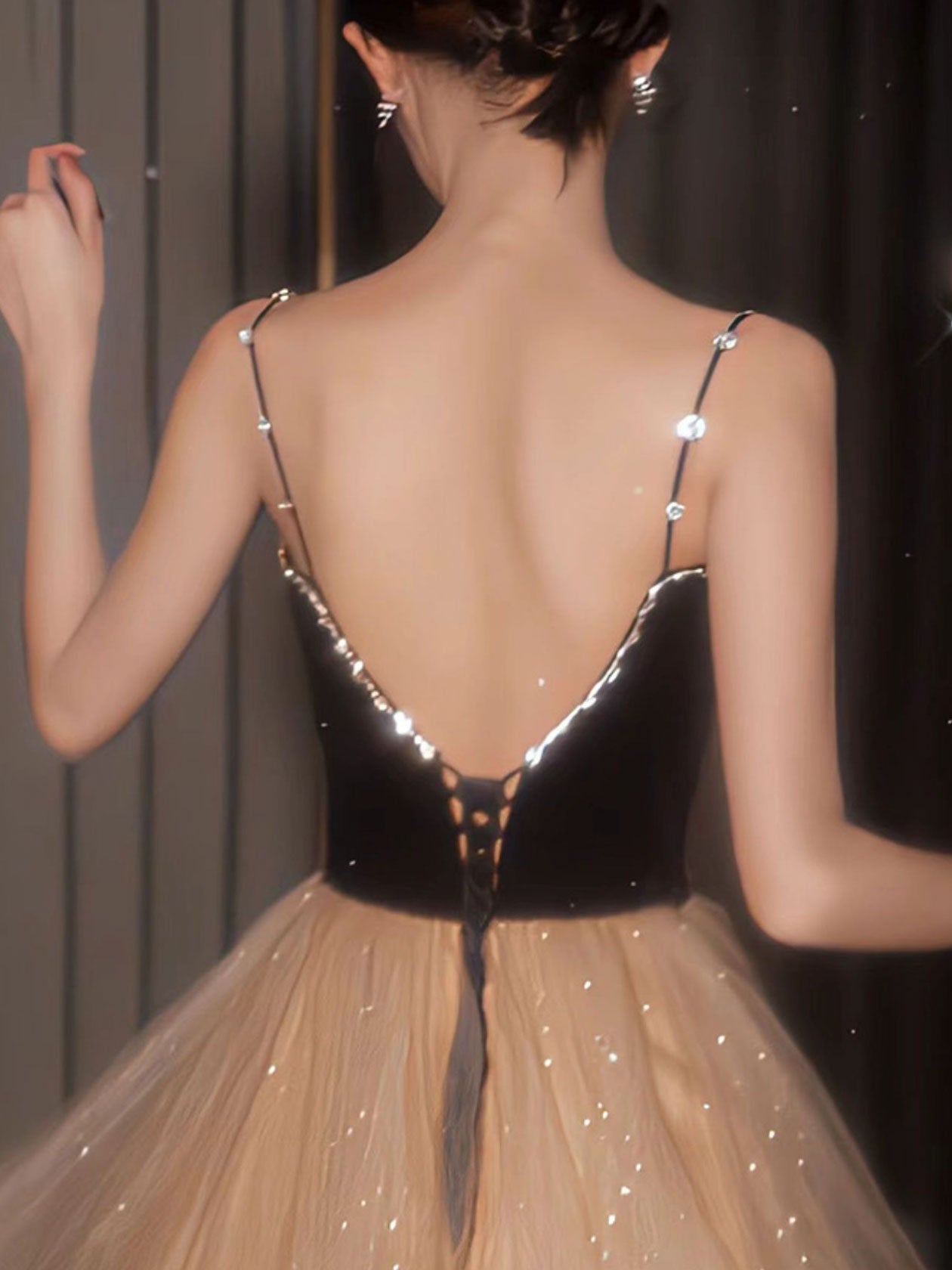 CHAMPAGNE V NECK TULLE LONG PROM DRESS, CHAMPAGNE FORMAL GRADUATION DRESS,F04836