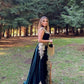 Stunning Velvet Evening Gown Sleeveless Gold Appliques Formal Dress with Detachable Train Side Slit,DS3727