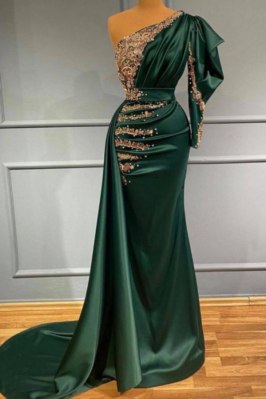 Charming One Puffy Sleeves Mermaid Evening Prom Dress with Shiny Golf Pearls Crystals Embellishment,DS3721