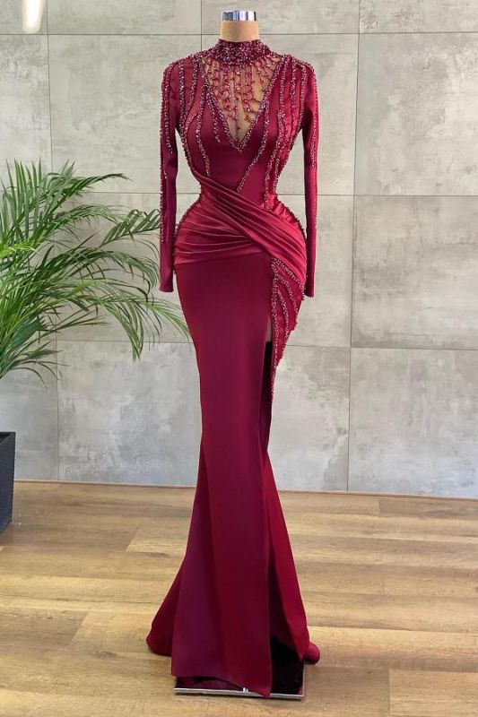 Elegant Long Sleeve Burgundy Prom Dress Mermaid Beadings Evening Gowns,DS2788