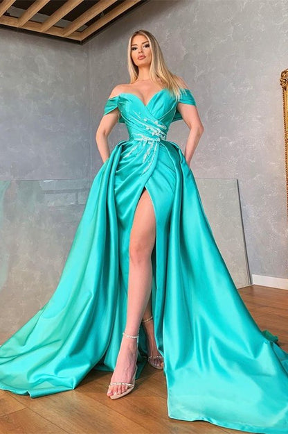 Glamorous Off-the-Shoulder Split Prom Dress Long Overskirt With Beads,DS4639