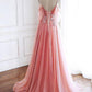 TULLE SPAGHETTI STRAPS 3D FLOWERS BEADING CORAL A-LINE PROM DRESS,DS2984