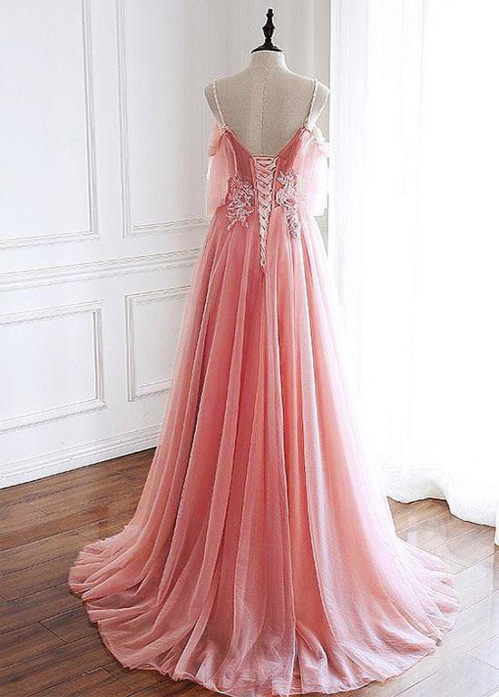 TULLE SPAGHETTI STRAPS 3D FLOWERS BEADING CORAL A-LINE PROM DRESS,DS2984