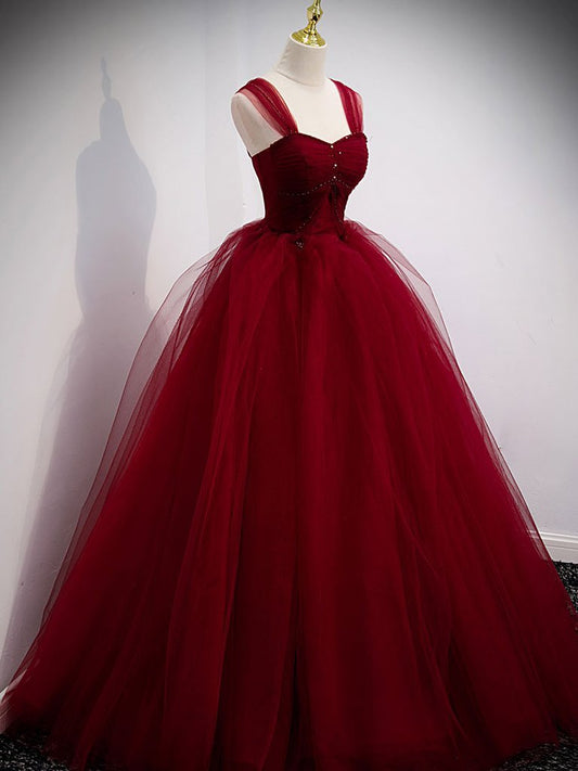 Burgundy Tulle Ball Gown Long Prom Dresses,Winter Formal Dresses,DS3298