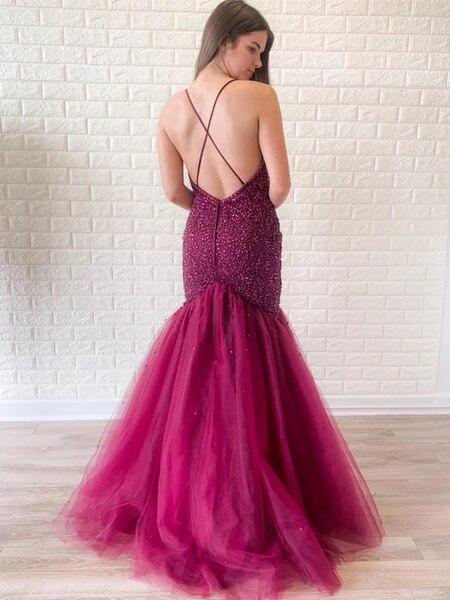 PURPLE MERMAID BACKLESS TULLE SPAGHETTI STRAPS BEADING PROM DRESS,DS2981