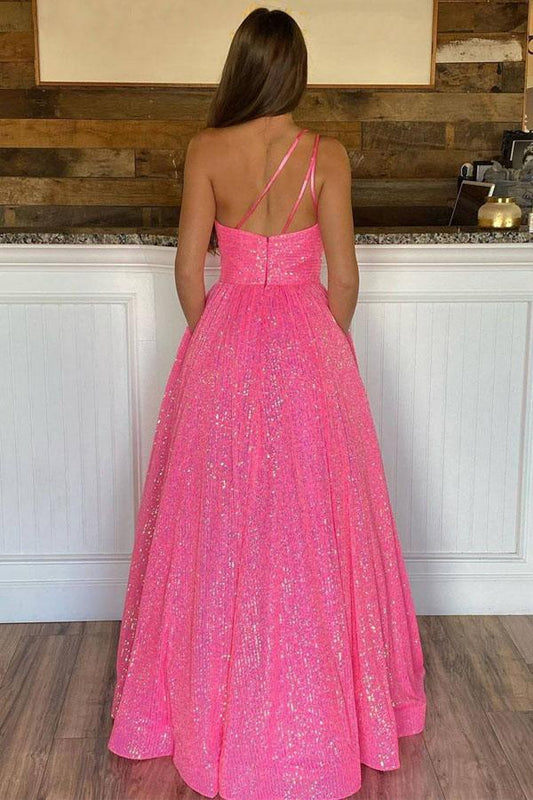 Sparkly Hot Pink One Shoulder Long Prom Dress Evening Dress,DS3268