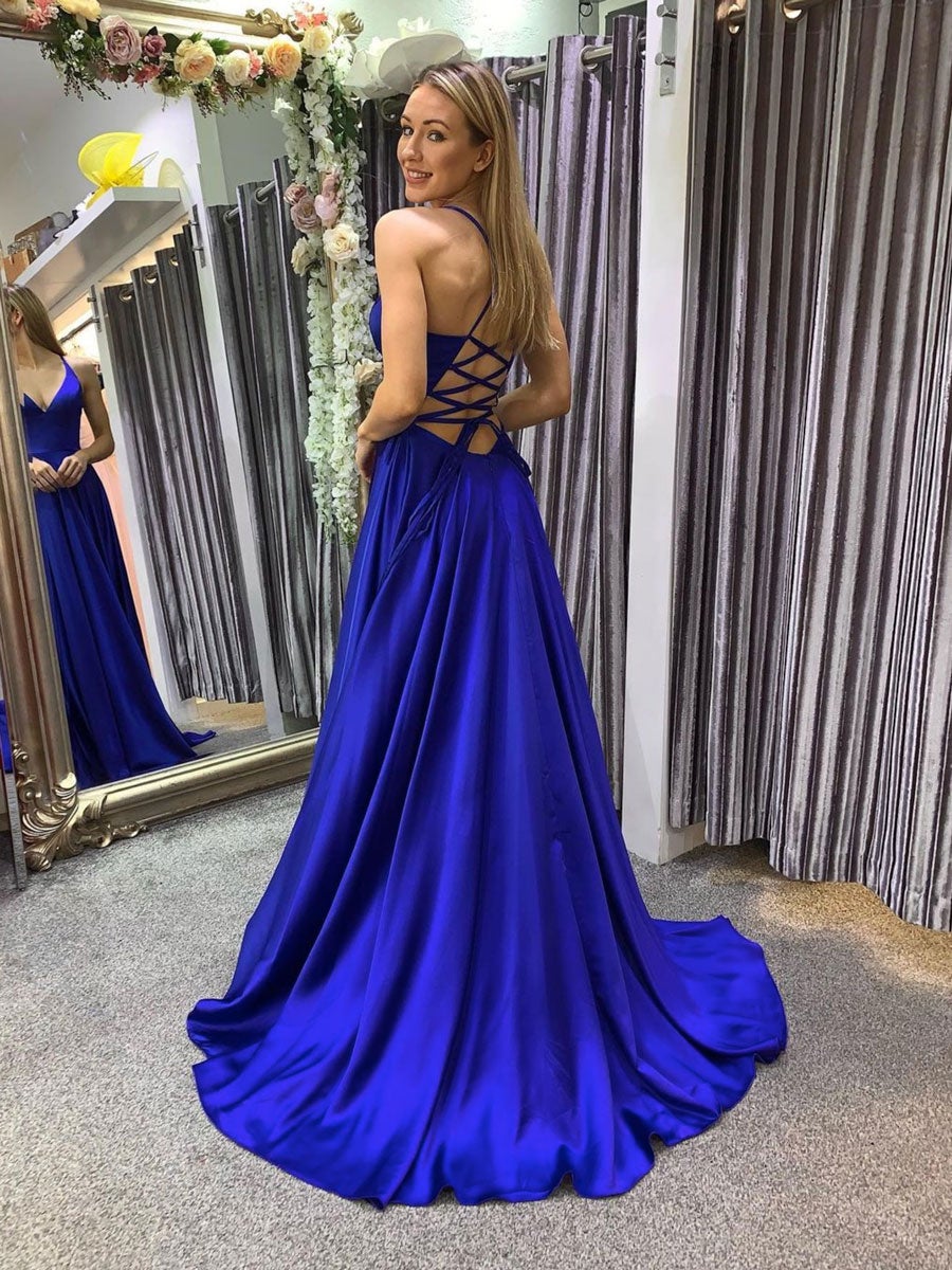 Royal blue satin long prom dress, backless long evening dress ,DS4009