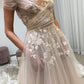 Light champagne tulle lace long prom dress, lace evening dress,DS4586
