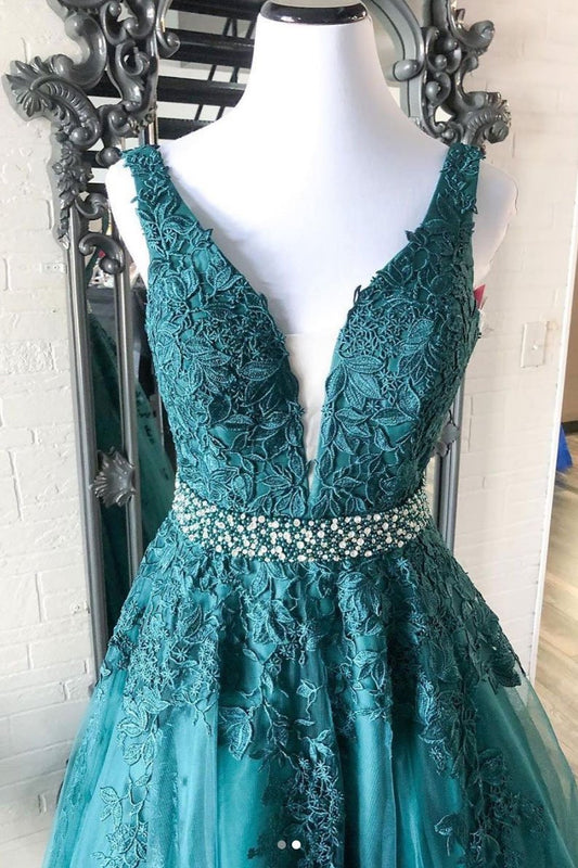 Green v neck tulle lace long prom dress, green formal dress,DS2071