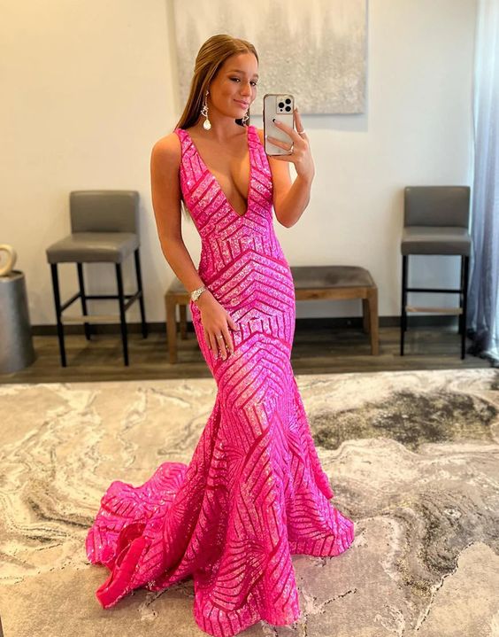 deep v-neck long sequin mermaid pink prom dresses,DS4930