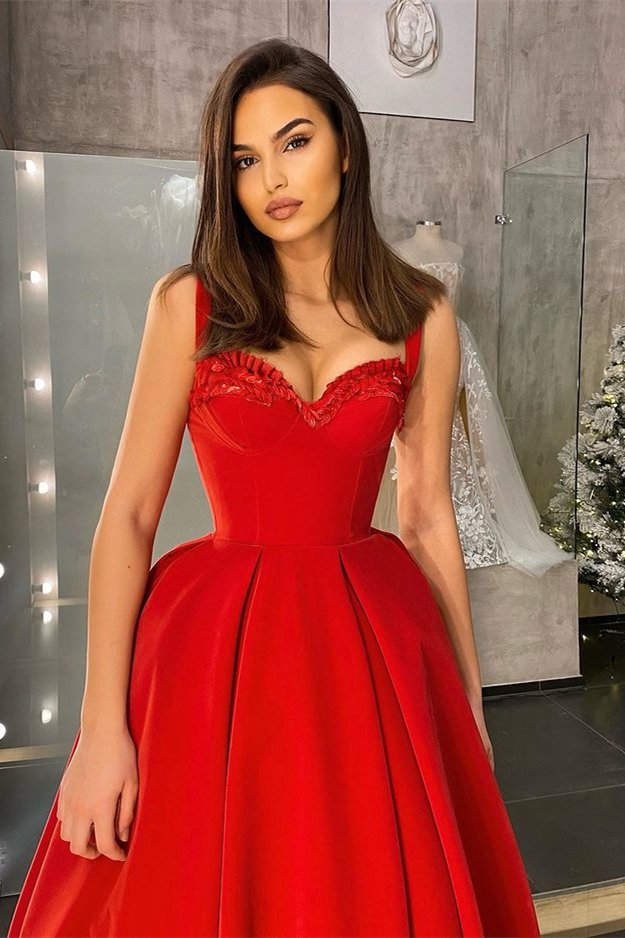 Classic Red Straps Prom Dress Tea-Length Sweetheart With Sequins,DS4650