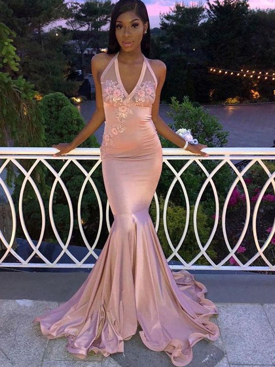 Gorgeous Mermaid Sleeveless Halter Applique Elastic Woven Satin Prom Dresses,DS4992