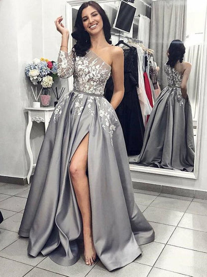 One Shoulder Gray Lace Prom Dresses with Leg Slit, One Shoulder Gray Lace Formal Graduation Evening Dresses,DS1790