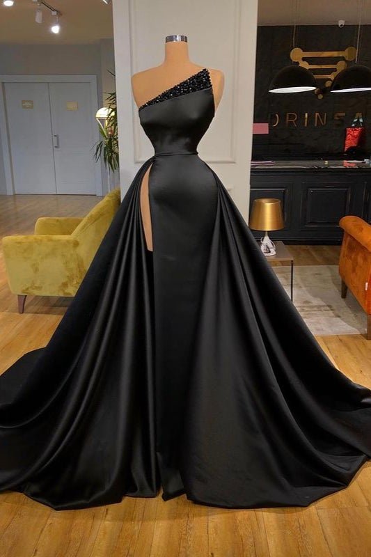 Fabulous Black Overskirt Long Prom Dress With Slit Beads,DS4678