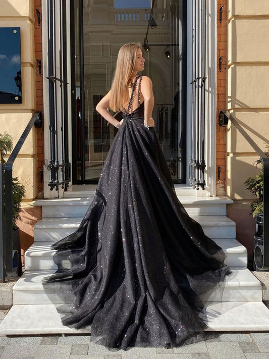 BLACK V NECK TULLE LONG PROM DRESS, BLACK TULLE LONG EVENING DRESS,F04760