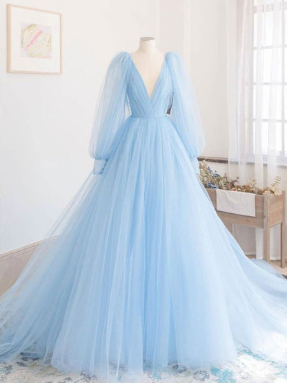 BLUE V NECK TULLE LONG PROM DRESS, BLUE TULLE EVENING DRESS,DS3414