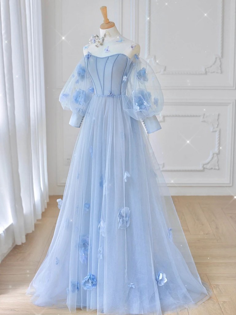 BLUE TULLE LACE LONG PROM DRESS, BLUE TULLE LACE LONG EVENING DRESS,DS3398