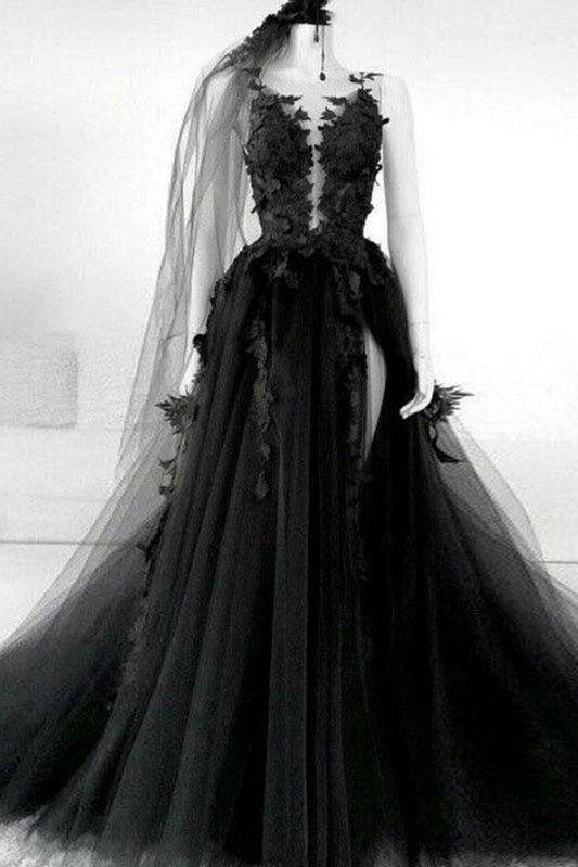 Black round neck tulle lace long prom dress black tulle formal dress,DS2355