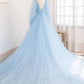 BLUE V NECK TULLE LONG PROM DRESS, BLUE TULLE EVENING DRESS,DS3414