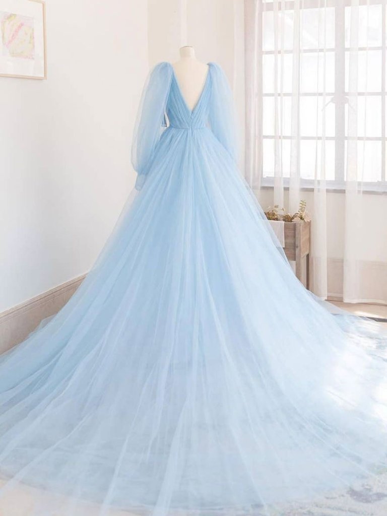 BLUE V NECK TULLE LONG PROM DRESS, BLUE TULLE EVENING DRESS,DS3414