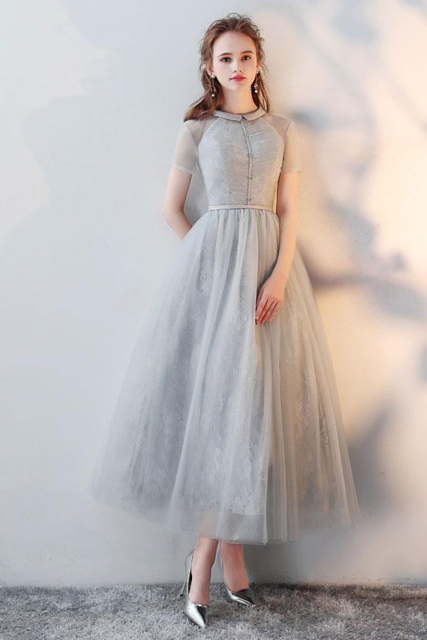 Gray tulle lace tea length prom dress gray tulle formal dress,DS2151