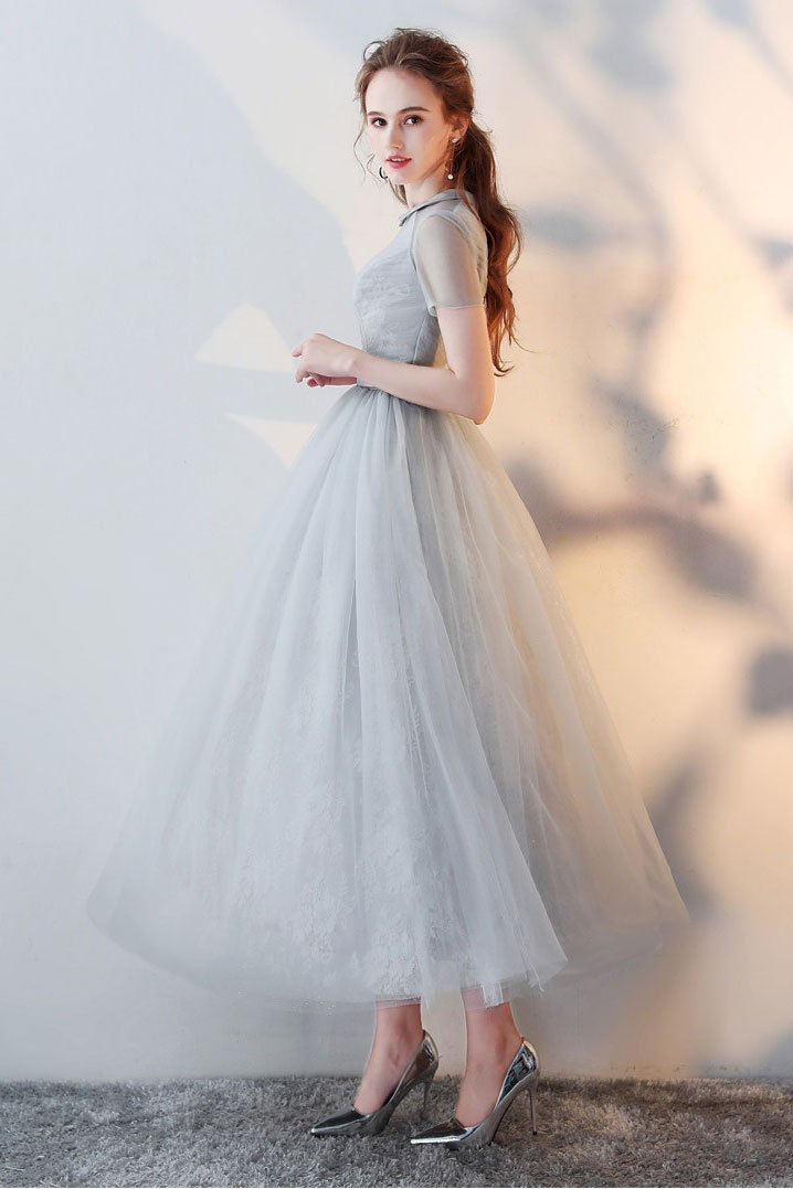 Gray tulle lace tea length prom dress gray tulle formal dress,DS2151