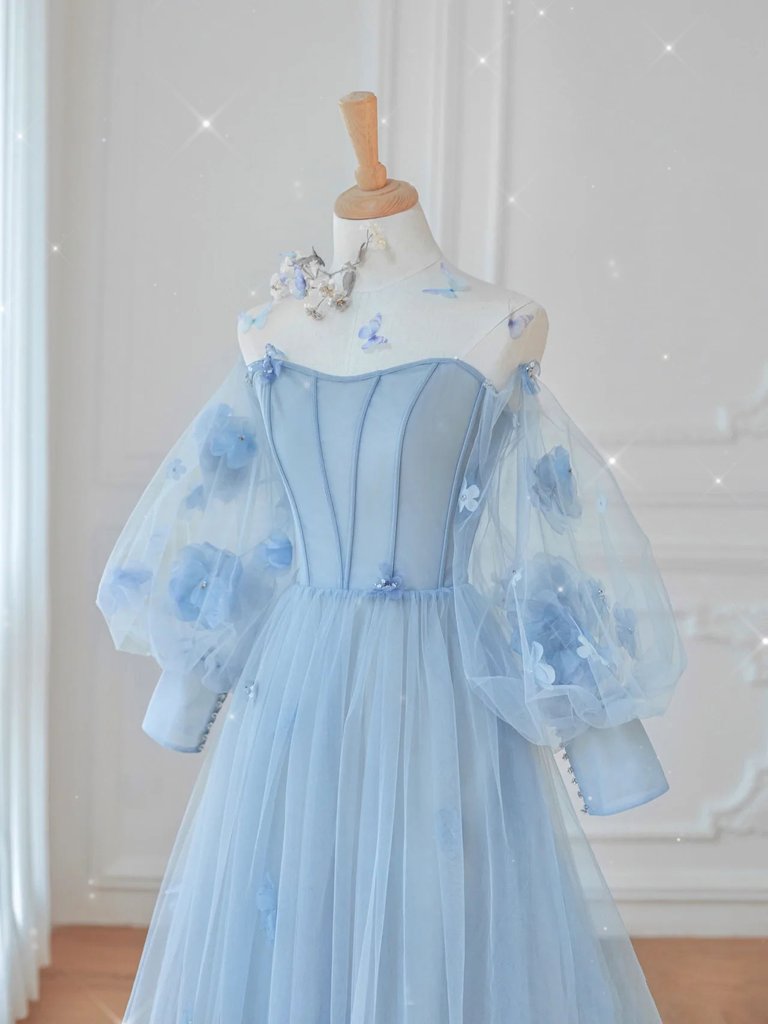 BLUE TULLE LACE LONG PROM DRESS, BLUE TULLE LACE LONG EVENING DRESS,DS3398