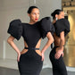 Fashion puff sleeve open waist evening dress - Black,DS3973