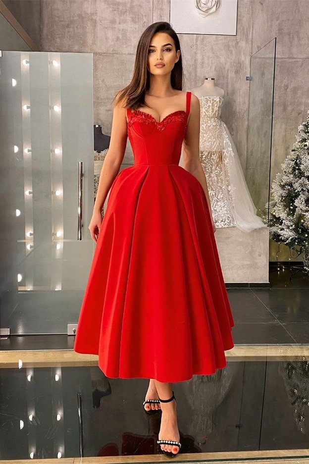 Classic Red Straps Prom Dress Tea-Length Sweetheart With Sequins,DS4650