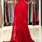 Graceful Sleeveless Tulle Ruby Beading Lace Mermaid Prom Dresses,DS2799