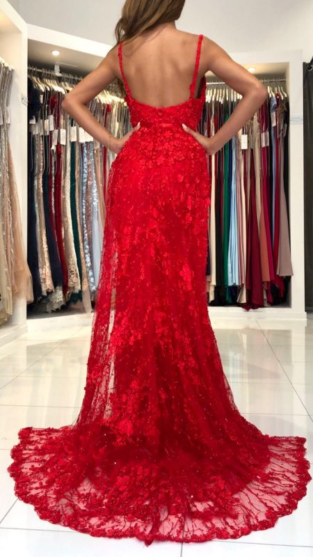 Graceful Sleeveless Tulle Ruby Beading Lace Mermaid Prom Dresses,DS2799