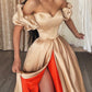 CHAMPAGNE SWEETHEART NECK SATIN LONG PROM DRESS, UNIQUE EVENING DRESS,F04741
