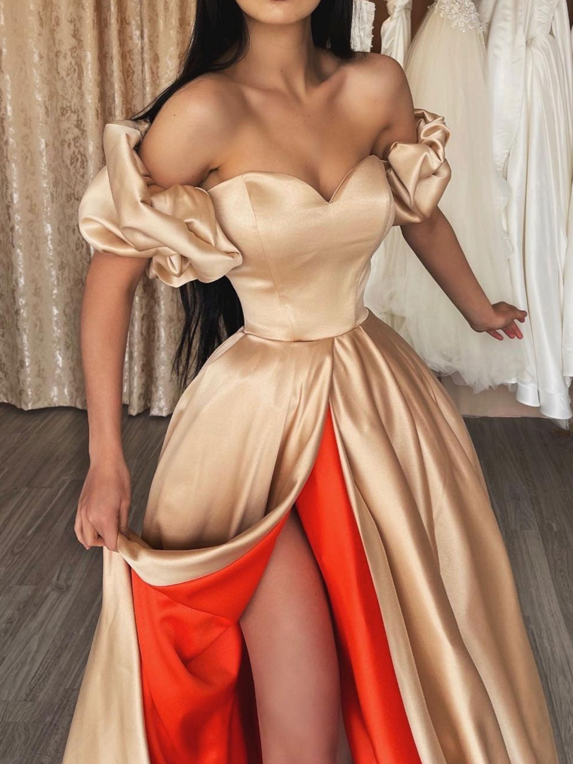 CHAMPAGNE SWEETHEART NECK SATIN LONG PROM DRESS, UNIQUE EVENING DRESS,F04741