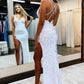 White Iridescent Sequin Long Prom Gown with Slit,DS4991