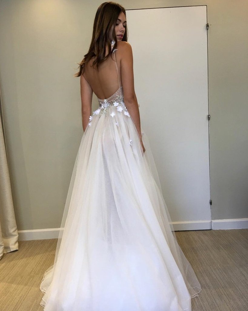 Ivory V Neck Backless Beaded Wedding Dresses with 3D Flowers, Ivory Backless Floral Prom Dresses Evening Dresses,DS1816