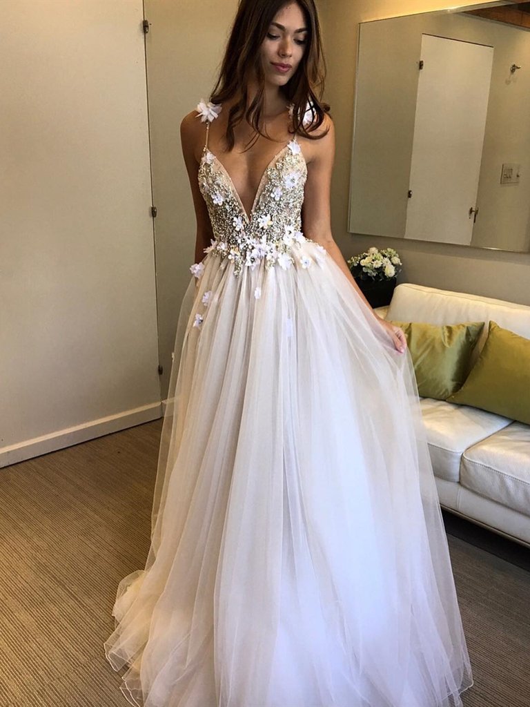 Ivory V Neck Backless Beaded Wedding Dresses with 3D Flowers, Ivory Backless Floral Prom Dresses Evening Dresses,DS1816