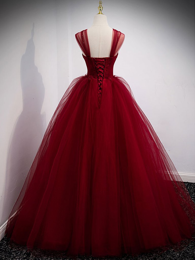 Burgundy Tulle Ball Gown Long Prom Dresses,Winter Formal Dresses,DS3298