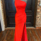 One Shoulder Satin Long Prom Dress With Slit,DS3269
