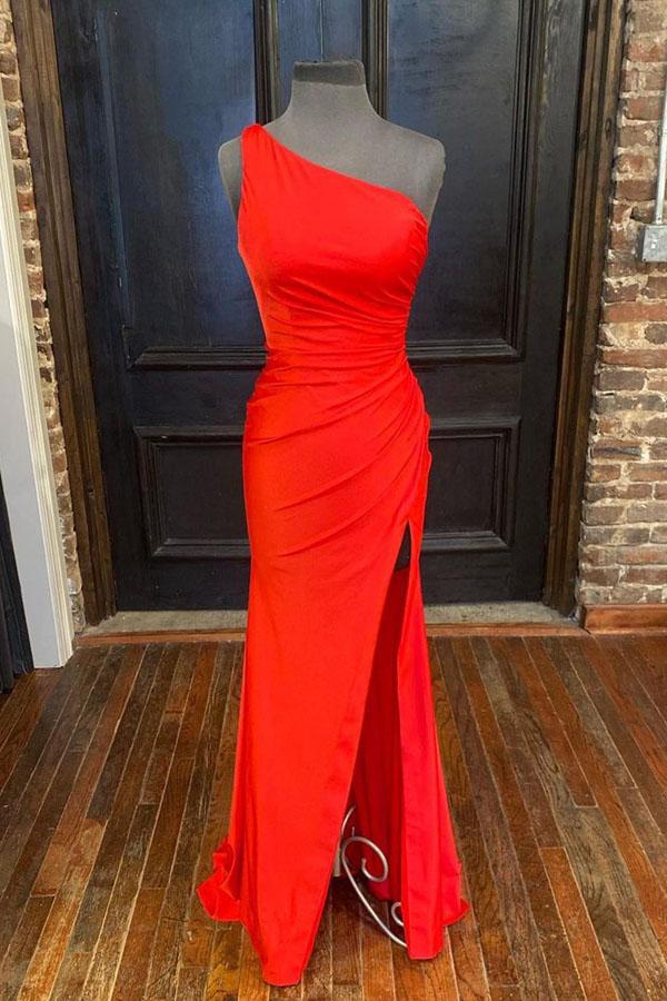 One Shoulder Satin Long Prom Dress With Slit,DS3269